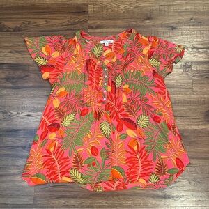 Rose & Olive Colourful Tropical Short Sleeve Blouse 1X Boho Lightweight Button